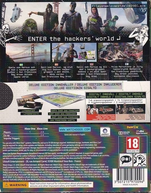 Watch Dogs 2 Deluxe Edition - Mangler Litografier - XBOX One (A Grade) (Genbrug)